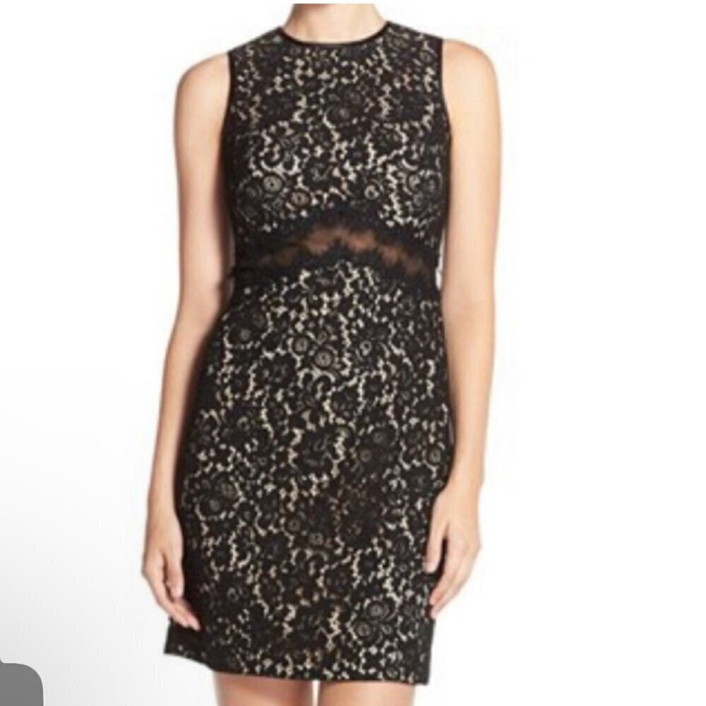 Joanna Chen NY Black/Nude  Lace Cocktail Dress with Sheer middle, Size 8